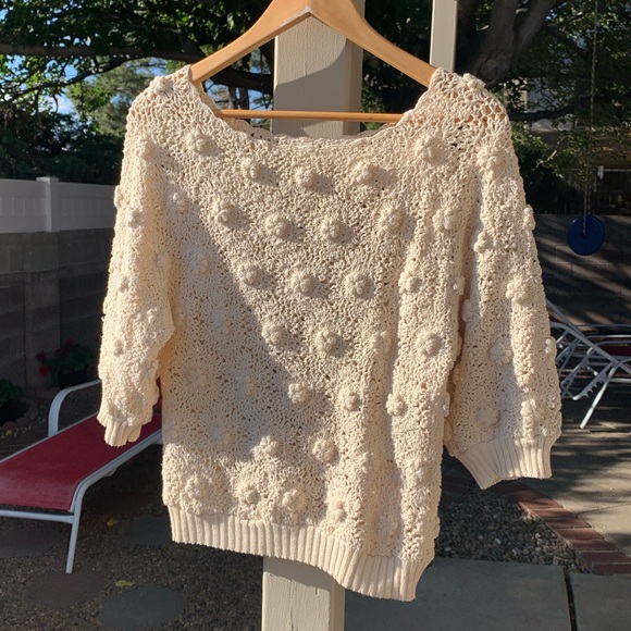 Crochet 🧶 macramé 3/4 sleeves handmade off white sweater size S - Picture 2 of 12